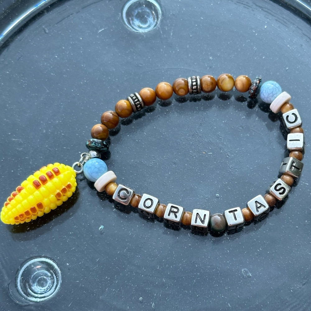 Handmade “Corntastic” beaded stretch bracelet with tiger’s eye beads
